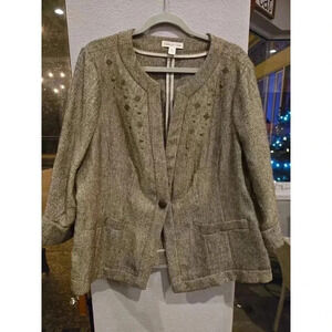 Coldwater Creek Women's Beaded Tweed Jacket Brown Size 18 Casual 3/4 Plus Boho